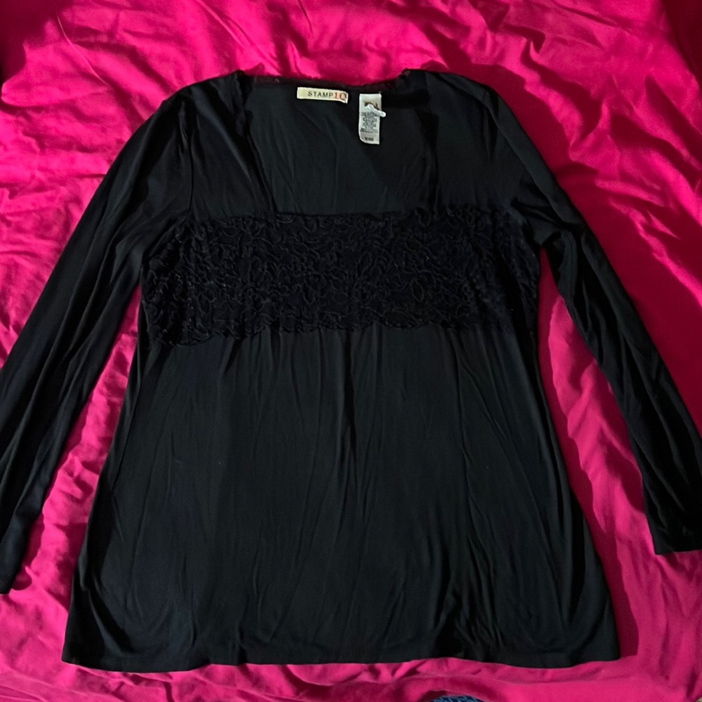 Stamp 10 Black Tunic. Size L. Lace panel on front. Long sleeve.